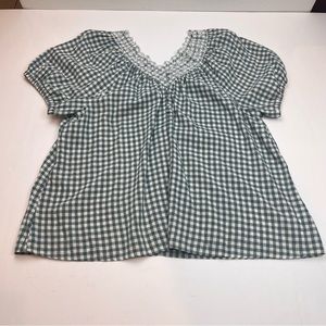 Madewell Womens Size 1X Green White Gingham Linen Blend Top Blouse *TINY FLAW*